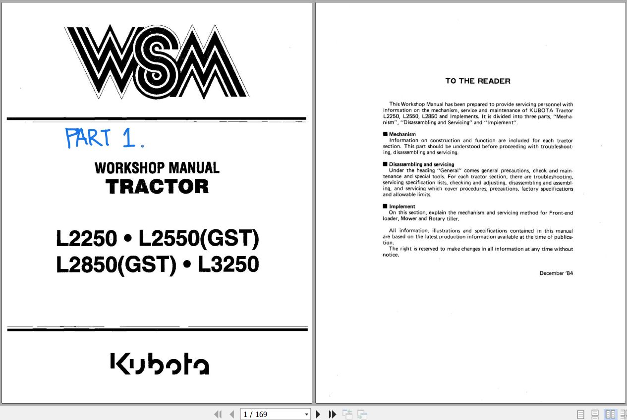 Kubota Tractor L2250 L2550GST L2850GST L3250 Workshop Manual 1
