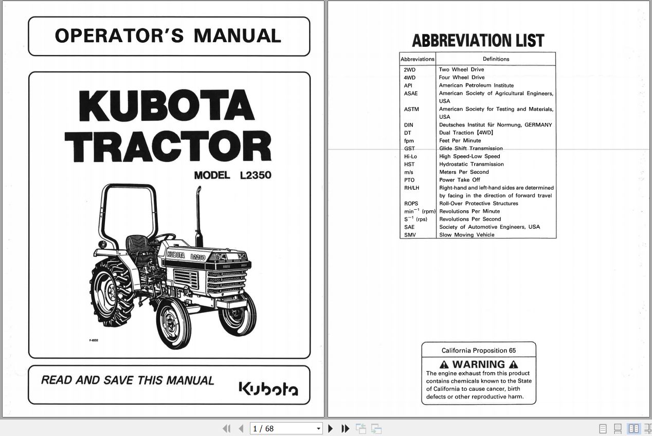 Kubota Tractor L2350 Operators Manual 32310 19712 1