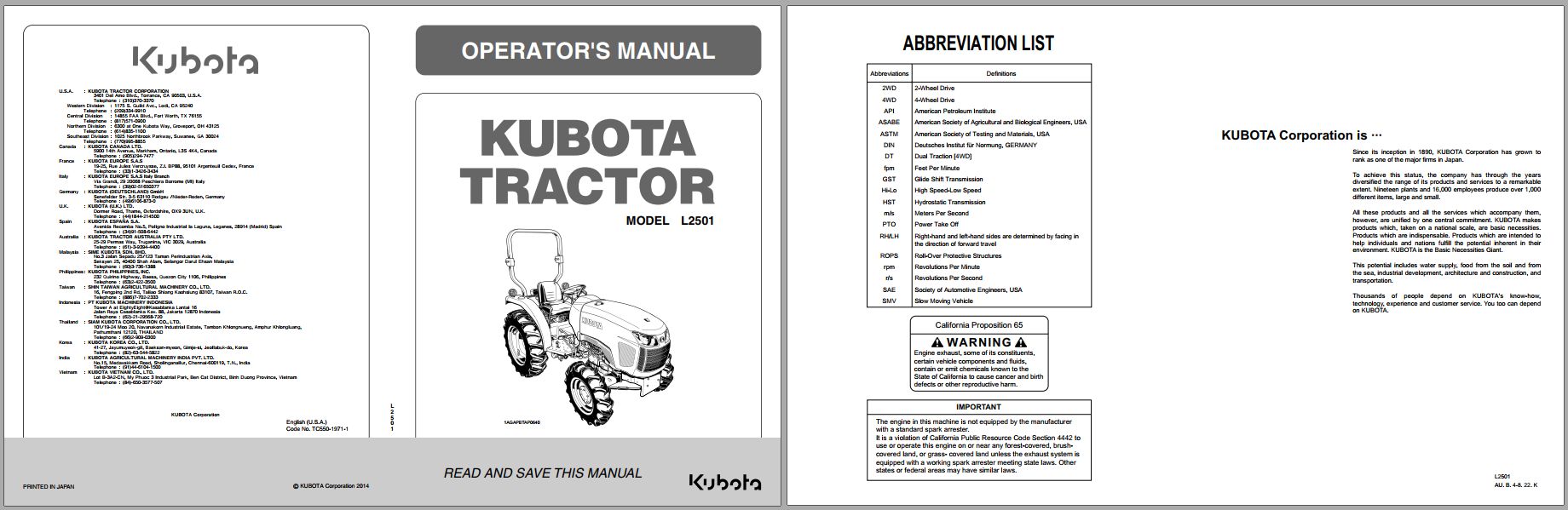 Kubota Tractor L2501 Operators Manual TC550 1971 1 1