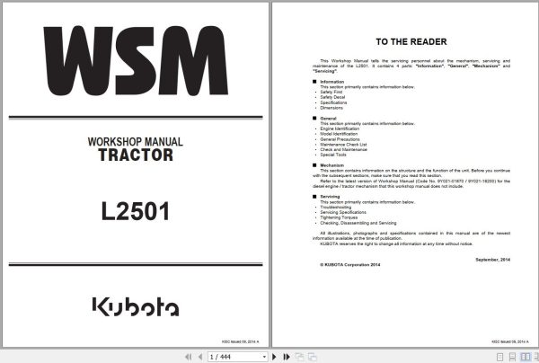 Kubota Tractor L2501 Workshop Manual 9Y111 11210 1