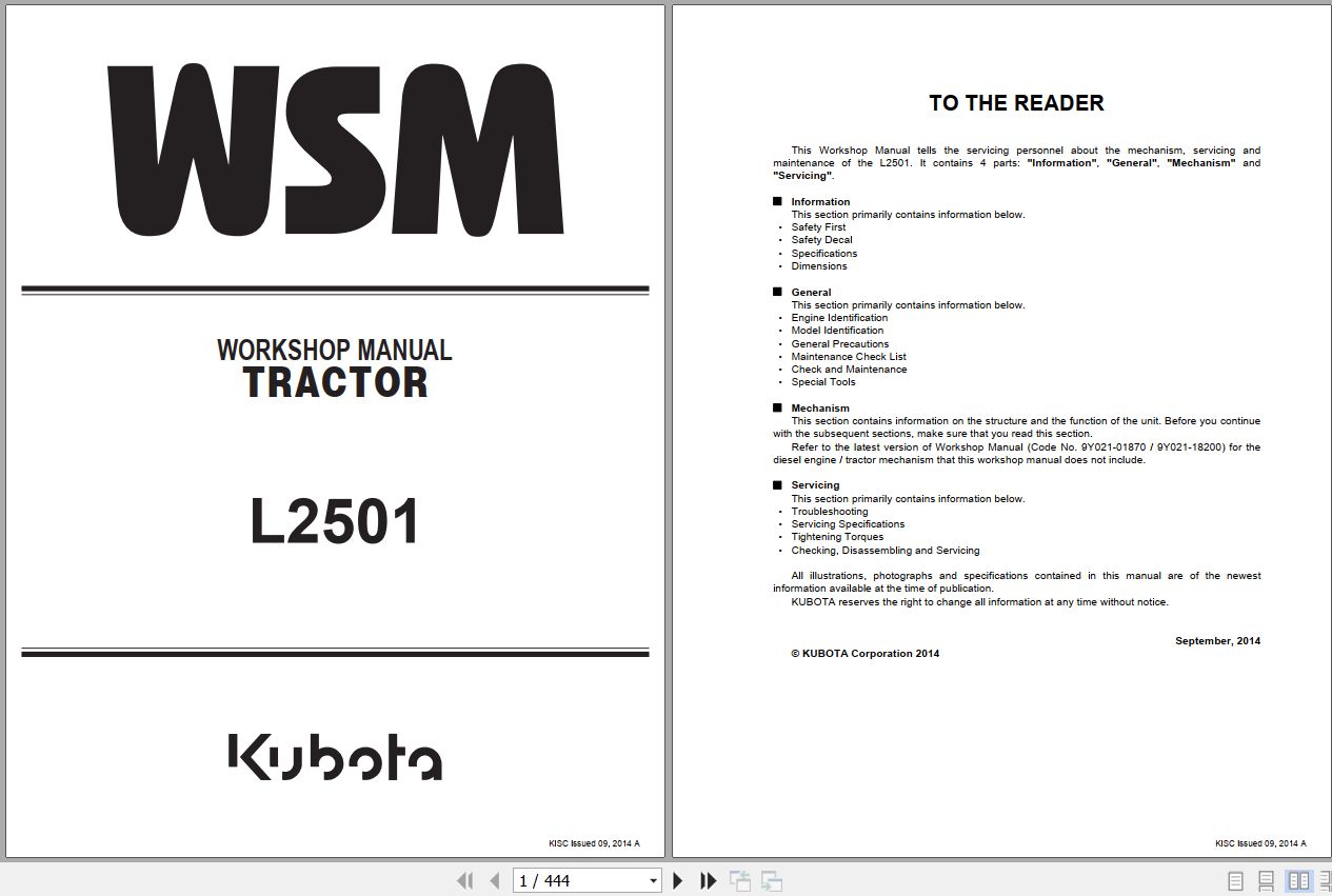 Kubota Tractor L2501 Workshop Manual 9Y111 11210 1