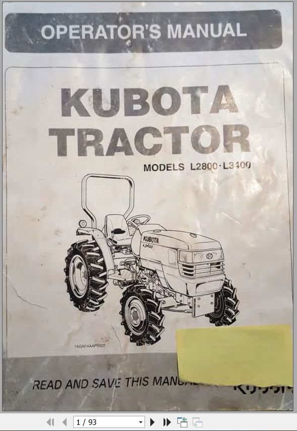Kubota Tractor L2800 L3400 Operators Manual 1
