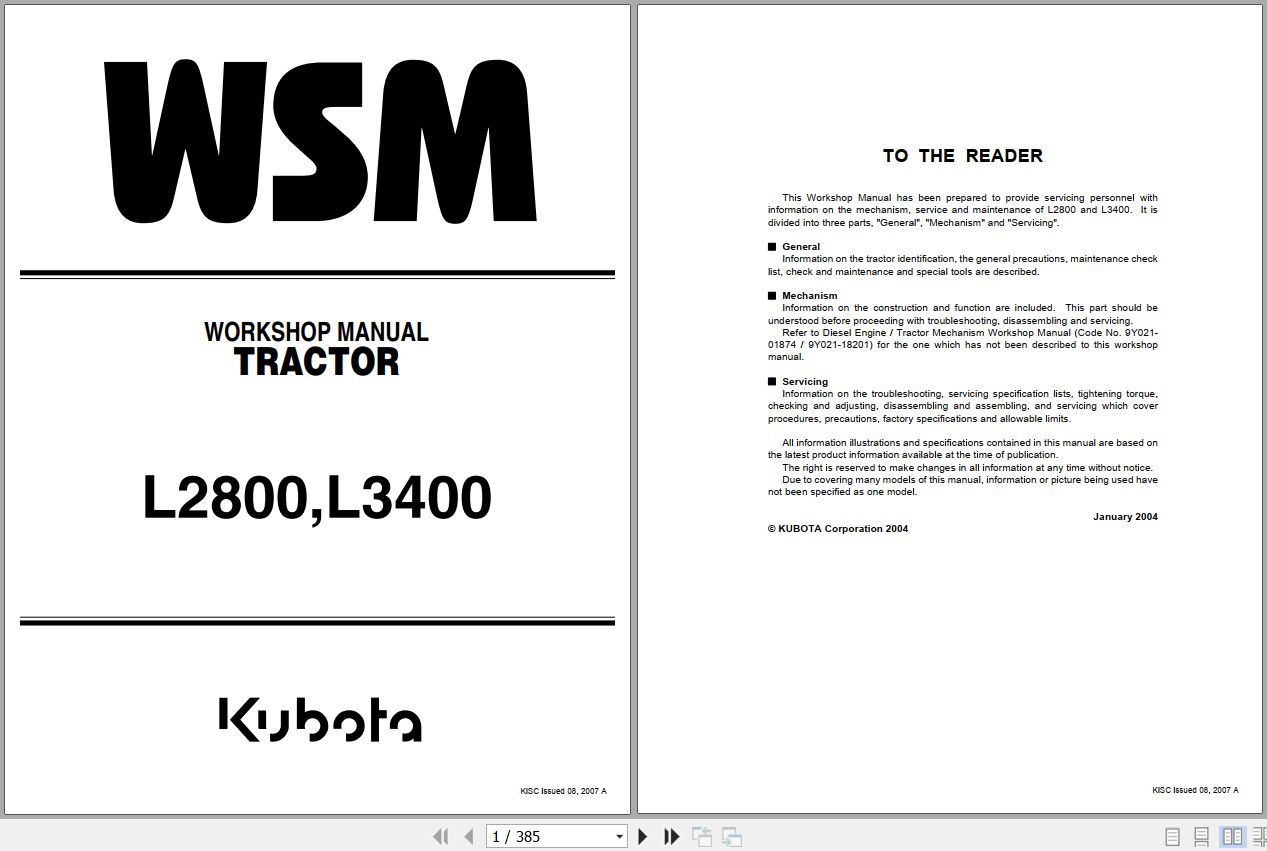 Kubota Tractor L2800 L3400 Workshop Manual 9Y011 13193 1