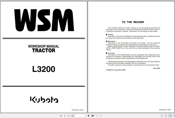 Kubota Tractor L3200 Workshop Manual 9Y111 13601 1