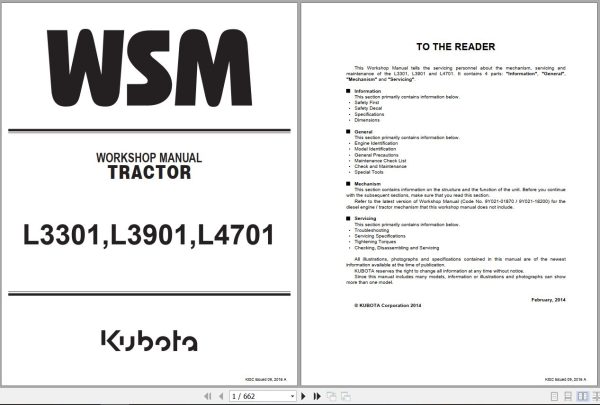 Kubota Tractor L3301 L3901 L4701 Workshop Manual 9Y111 10121 1