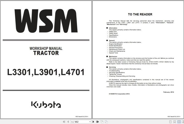 Kubota Tractor L3301 L3901 L4701 Workshop Manual 9Y111 10123 1