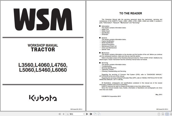 Kubota Tractor L3560 to L6060 Workshop Manual 9Y111 08242 1