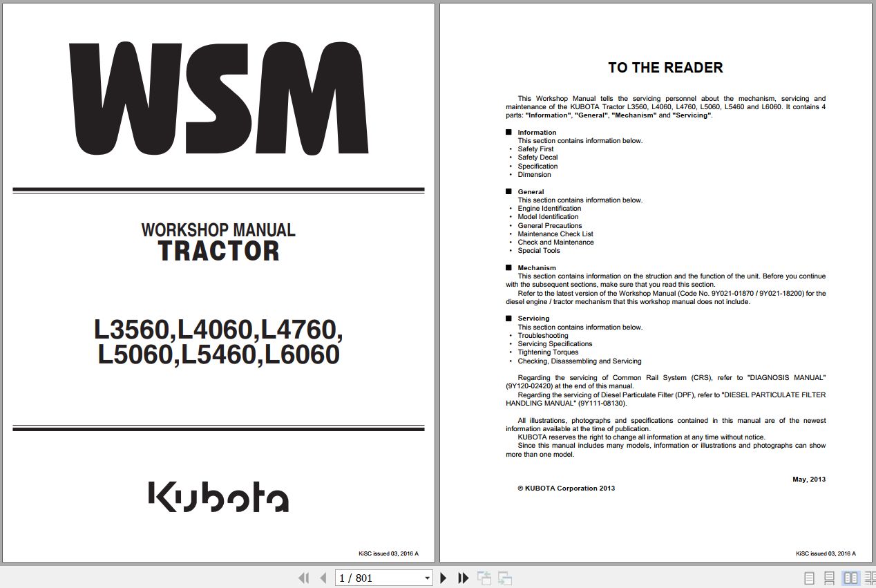 Kubota Tractor L3560 to L6060 Workshop Manual 9Y111 08242 1