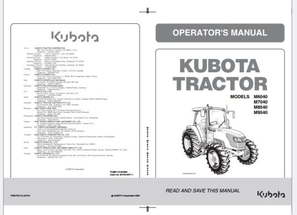 Kubota Tractor M6040 M7040 M8540 M9540 Operators Manual 3C793 9971 1 1