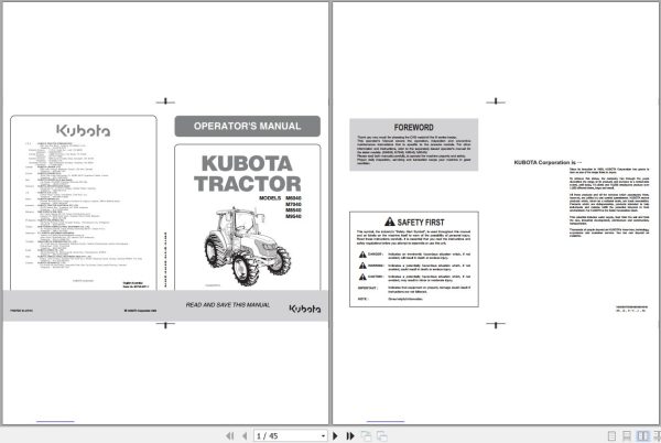 Kubota Tractor M7040SU M7040SUD Operators Manual 3C341 9971 1 1
