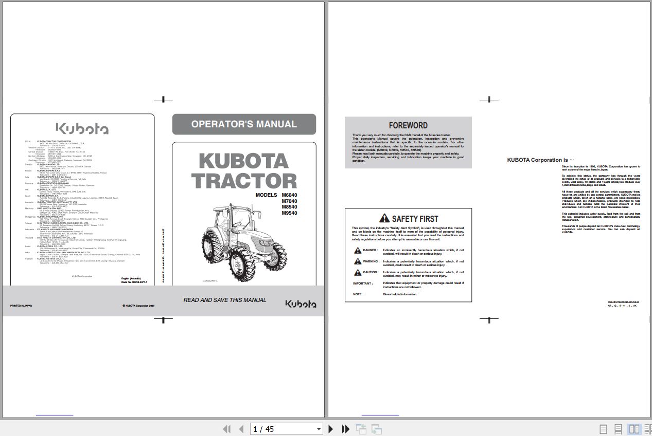 Kubota Tractor M7040SU M7040SUD Operators Manual 3C341 9971 1 1