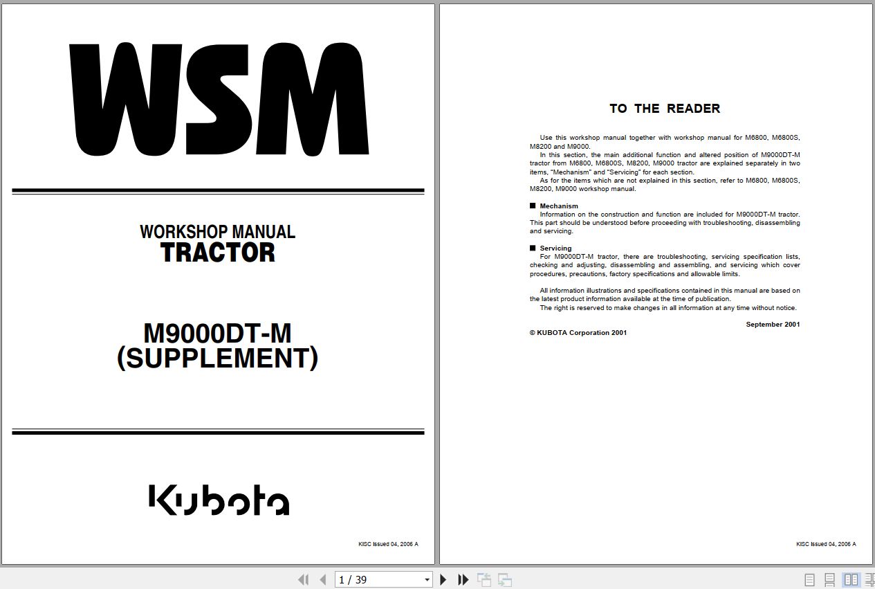 Kubota Tractor M9000 Supplement Workshop Manual 9Y011 18033 1