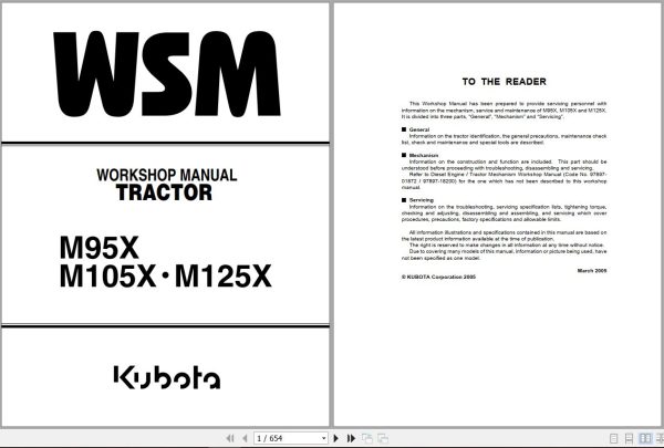Kubota Tractor M95X M105X M125X Workshop Manual 97897 13270 1