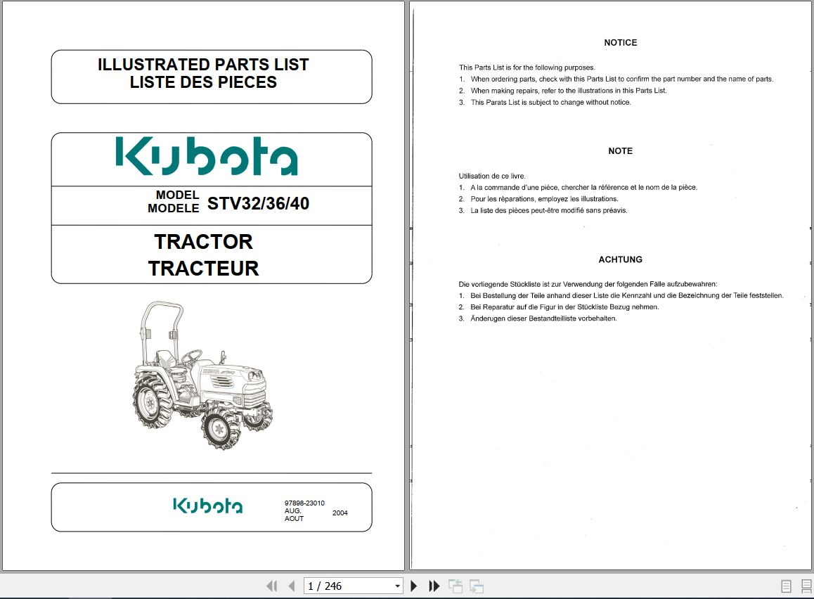 Kubota Tractor STV 32 36 40 Illustrated Parts Manual 97898 23010 1