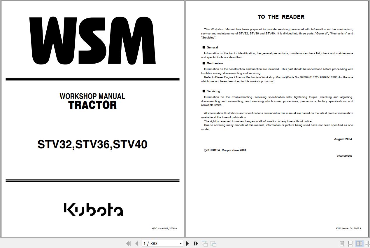 Kubota Tractor STV32 STV36 STV40 Workshop Manual 9Y011 13041 1