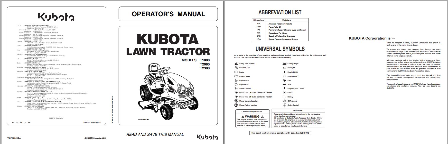 Kubota Tractor T1880 T2080 T2380 Operators Manual K1032 7122 1 1
