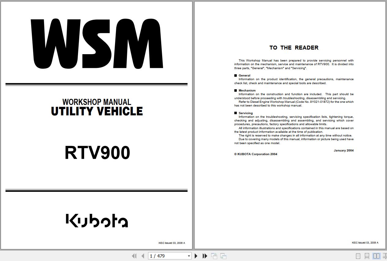 Kubota Utility Vehicle RTV 900 Workshop Manual 9Y011 15305 1