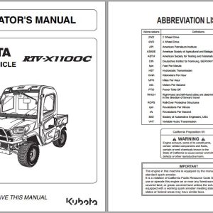 Kubota Utility Vehicle RTV X1100C Operator Manual K7731 7121 6 1
