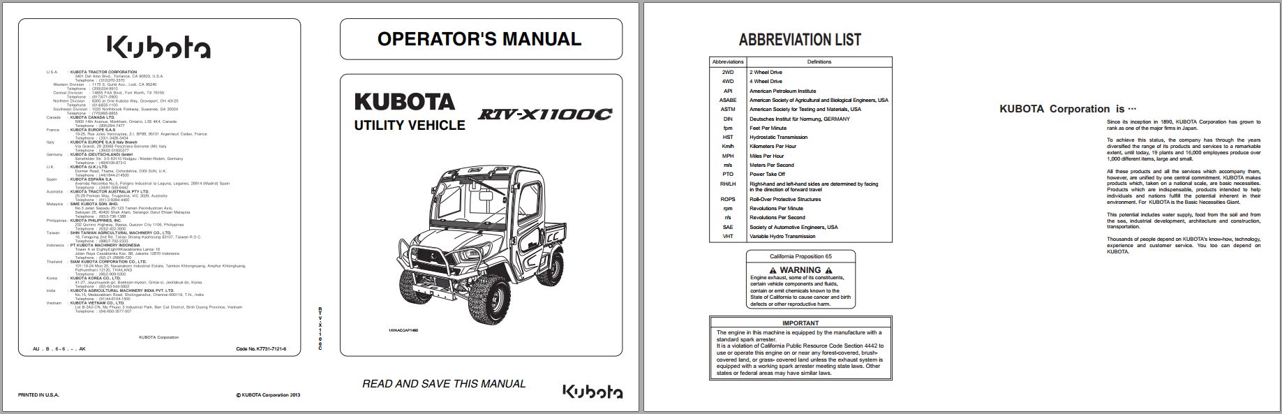 Kubota Utility Vehicle RTV X1100C Operator Manual K7731 7121 6 1
