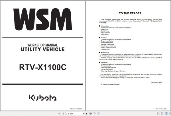 Kubota Utility Vehicle RTV X1100C Workshop Manual 9Y111 26251 1