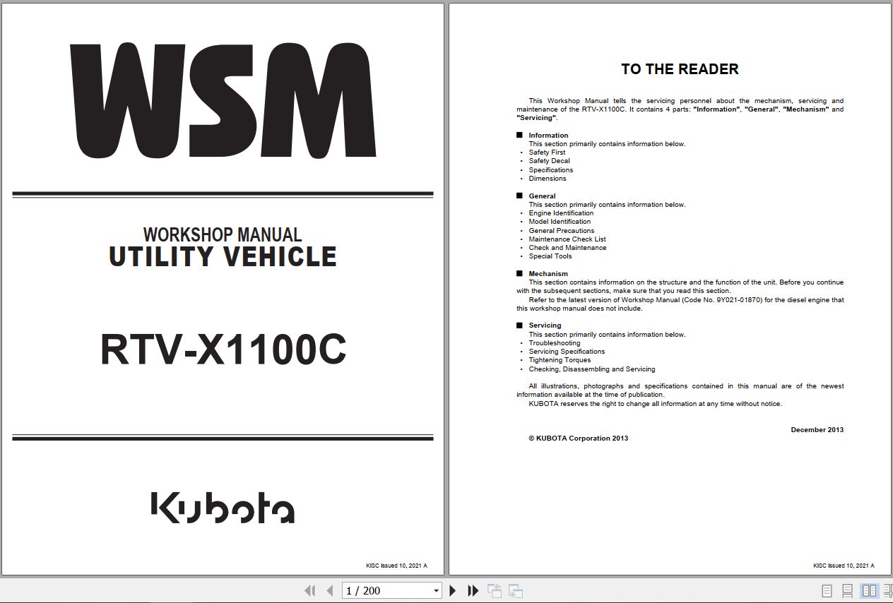 Kubota Utility Vehicle RTV X1100C Workshop Manual 9Y111 26251 1