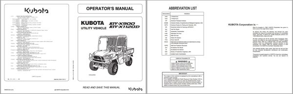 Kubota Utility Vehicle RTV X900 RTV X1120D Operators Manual K7421 7121 7 1