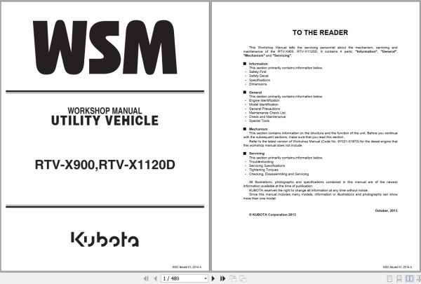 Kubota Utility Vehicle RTV X900 RTVX 1120 Workshop Manual 9Y111 09461 1