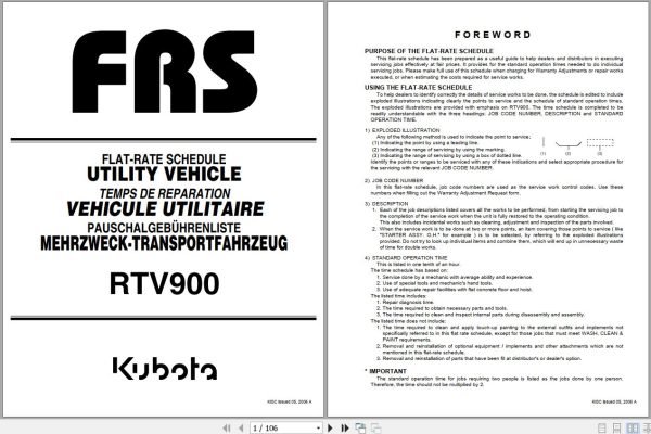 Kubota Utility Vehicle RTV900 Flat Rate Schedule 9Y012 35110 1
