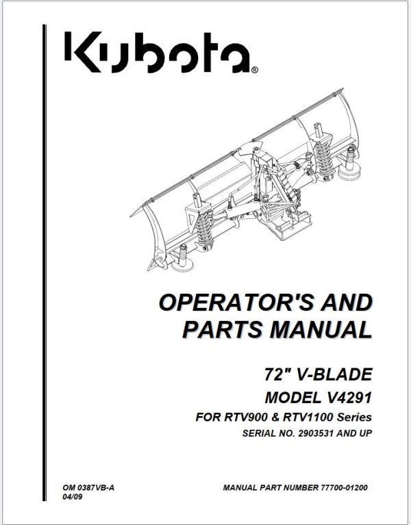 Kubota V Blade V4291 72 Operators and Parts Manual 77700 01200 1