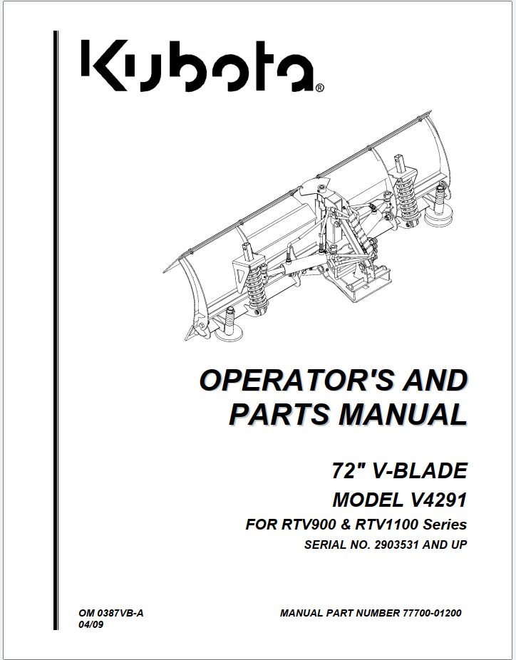 Kubota V Blade V4291 72 Operators and Parts Manual 77700 01200 1