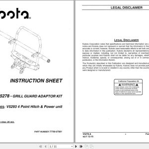 Kubota V5278 Grill Guard Adaptor Kit Instruction Sheet 77700 07081 1