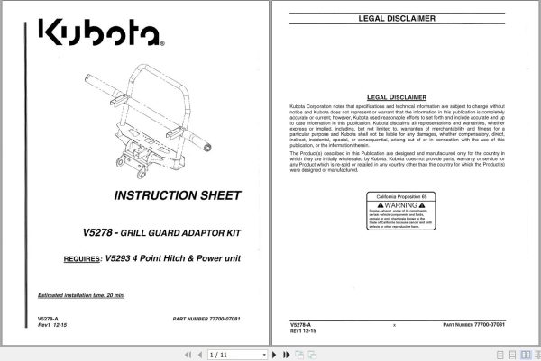 Kubota V5278 Grill Guard Adaptor Kit Instruction Sheet 77700 07081 1