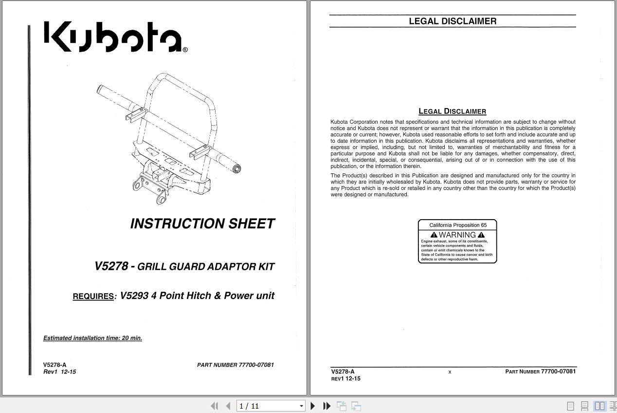 Kubota V5278 Grill Guard Adaptor Kit Instruction Sheet 77700 07081 1