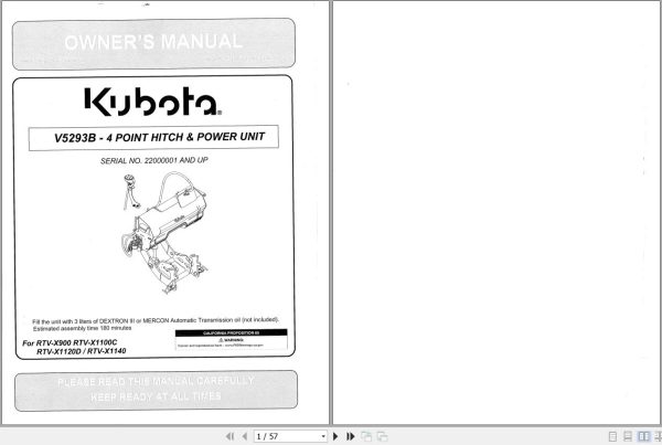 Kubota V5293B 4 Point Hitch Power Unit Owners Manual 77700 11308 1