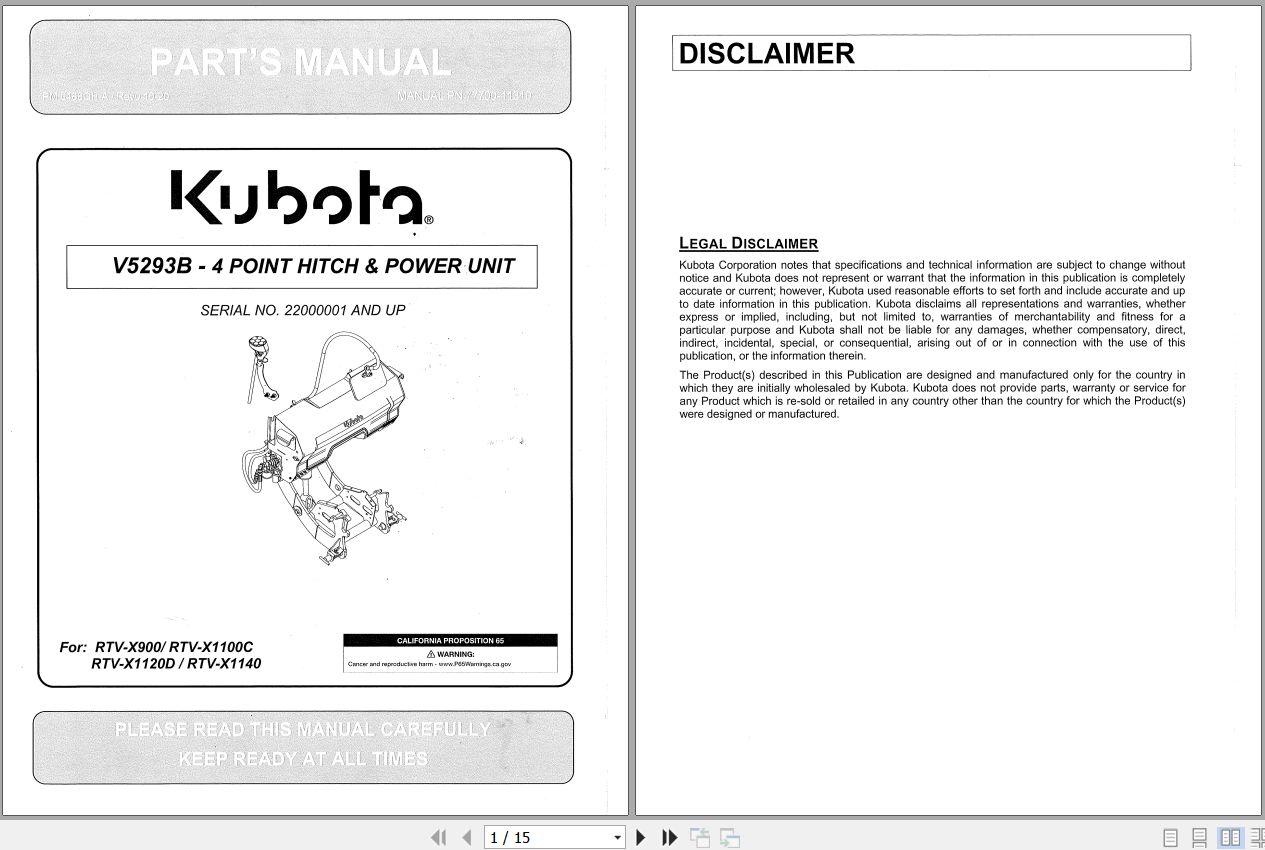 Kubota V5293B 4 Point Hitch Power Unit Parts Manual 77700 11310 1