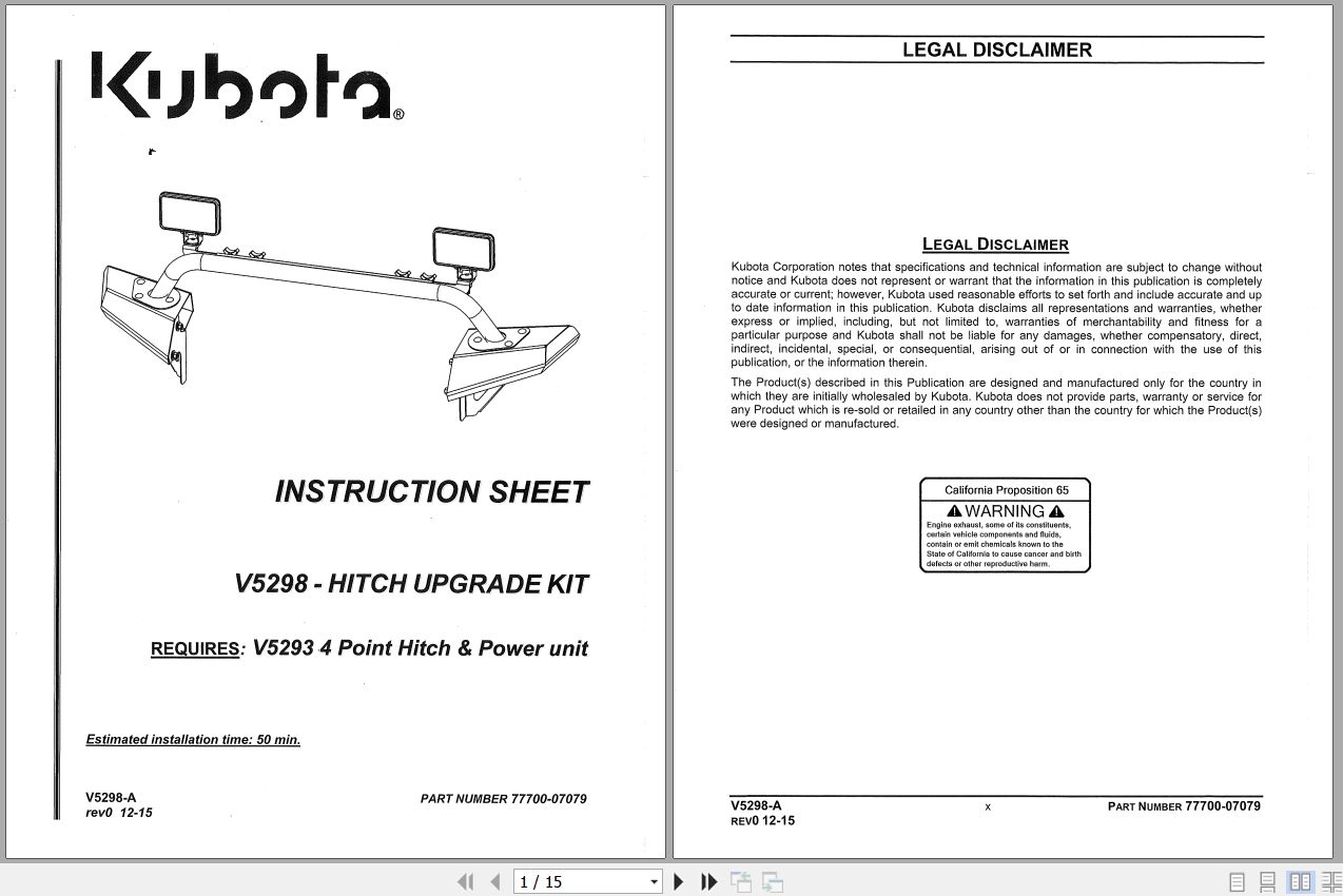 Kubota V5298 Hitch Upgrade Kit Instruction Sheet 77700 07079 1