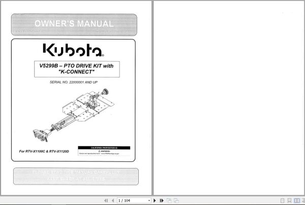 Kubota V5299B V5299B PTO Drive Kit With K Connect Owners Manual 77700 11305 1