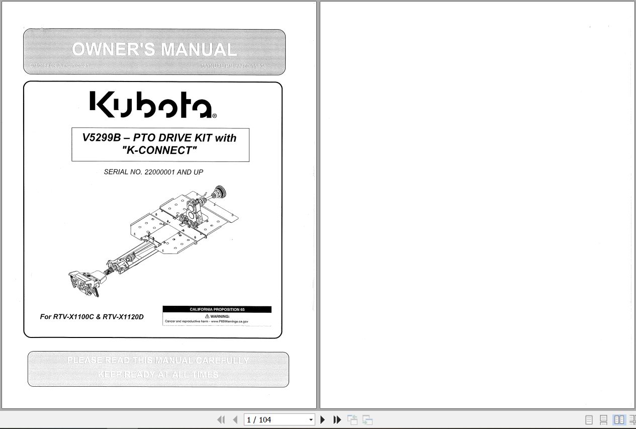 Kubota V5299B V5299B PTO Drive Kit With K Connect Owners Manual 77700 11305 1