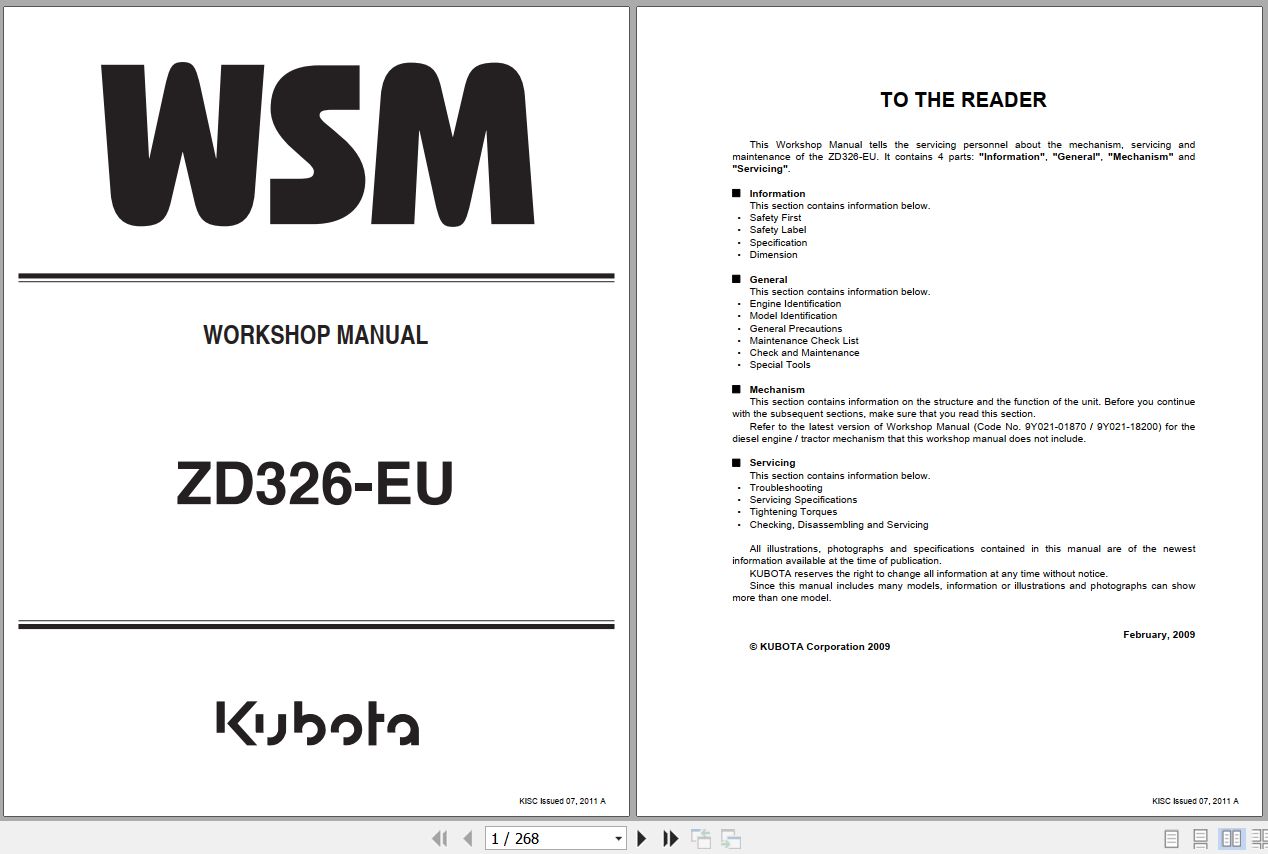 Kubota ZD326 EU Workshop Manual 9M111 03011 1