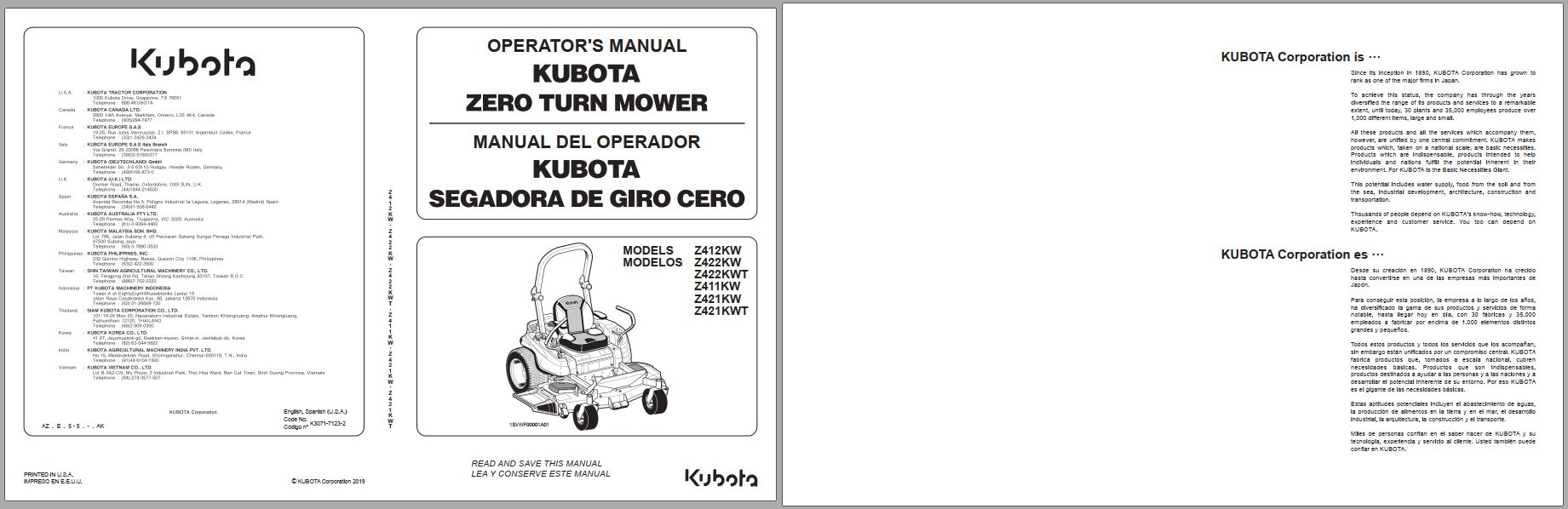 Kubota Zero Turn Mower Z411KW to Z422KWT Operators Manual K3071 7123 2 EN ES 1