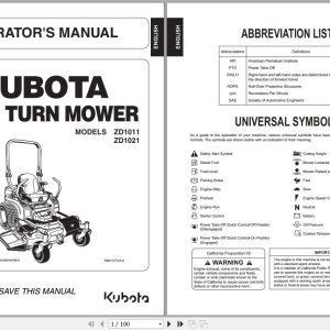 Kubota Zero Turn Mower ZD1011 ZD1021 Operators Manual K3411 7121 2 1