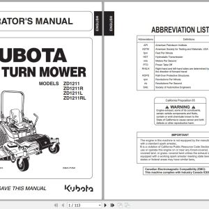 Kubota Zero Turn Mower ZD1211 ZD1211R ZD1211L ZD1211RL Operators Manual K3441 7125 5 1