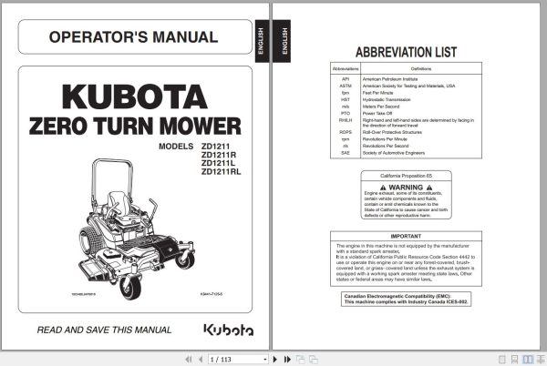 Kubota Zero Turn Mower ZD1211 ZD1211R ZD1211L ZD1211RL Operators Manual K3441 7125 5 1