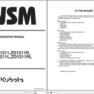 Kubota Zero Turn Mower ZD1211 ZD1211R ZD1211L ZD1211RL Workshop Manual 9Y111 13443 1