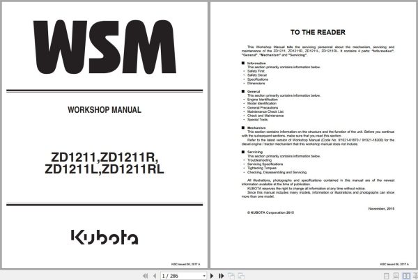 Kubota Zero Turn Mower ZD1211 ZD1211R ZD1211L ZD1211RL Workshop Manual 9Y111 13443 1