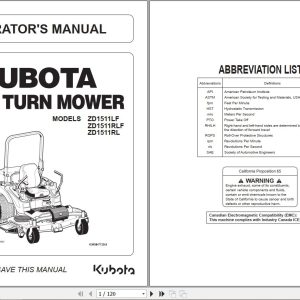 Kubota Zero Turn Mower ZD1511LF ZD1511RLF ZD1511RL Operators Manual K3458 7125 3 1