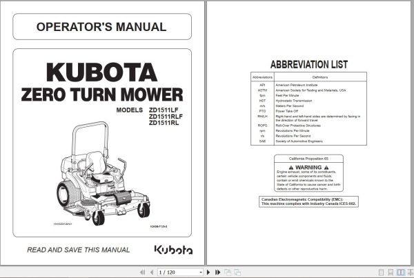 Kubota Zero Turn Mower ZD1511LF ZD1511RLF ZD1511RL Operators Manual K3458 7125 3 1