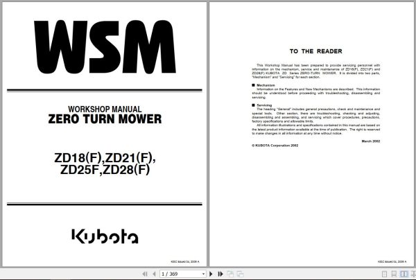 Kubota Zero Turn Mower ZD18F ZD21F ZD25F ZD28F Workshop Manual 9Y011 15062 1