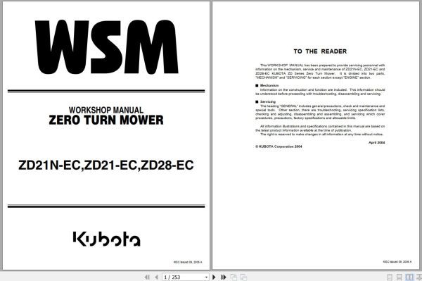 Kubota Zero Turn Mower ZD21N EC ZD21 EC ZD28 ED Workshop Manual 9Y011 15151 1