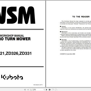 Kubota Zero Turn Mower ZD321 ZD326 ZD331 Workshop Manual 9Y111 00092 1